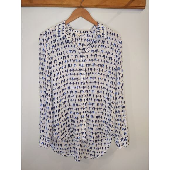 Jane and Delancey Tops - Jane and Delancey Bird Print Blouse Sz M White Blue Button Down Long Sleeve Top